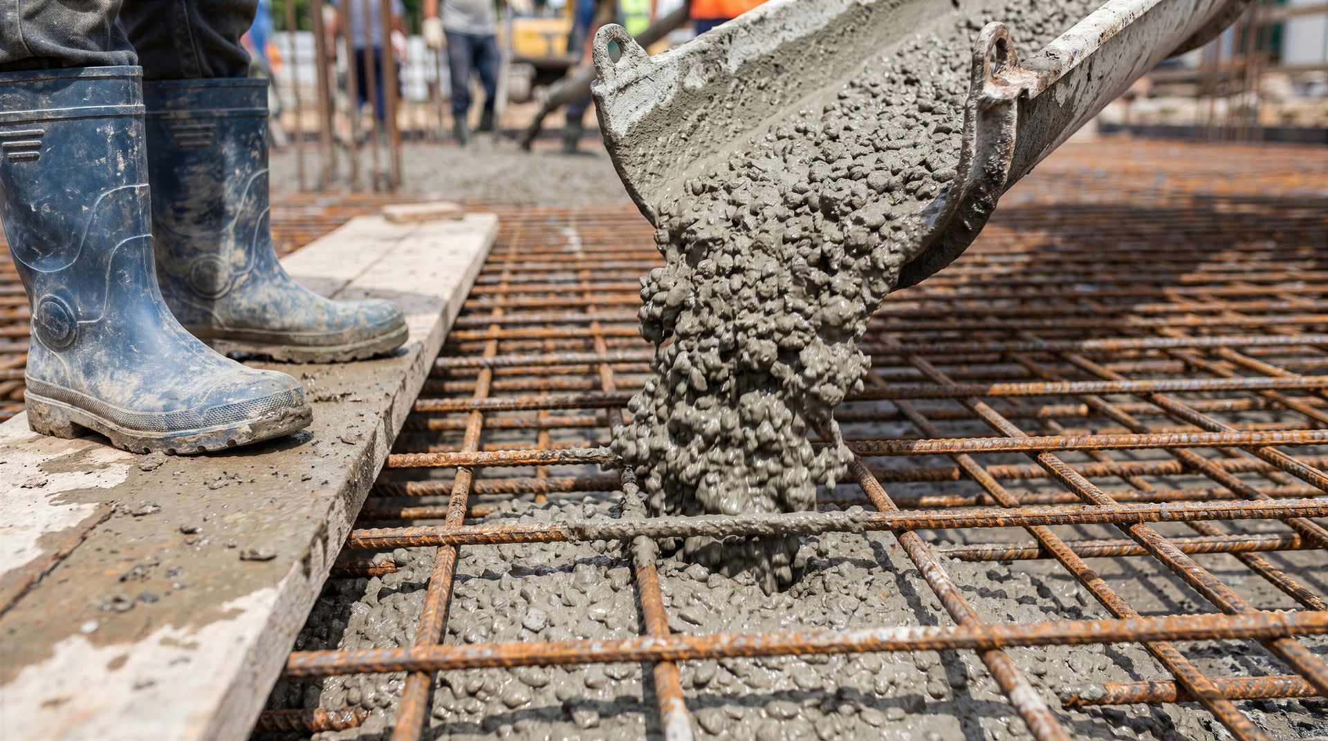 Du béton frais est coulé sur des barres d'armature sur un chantier, avec les bottes d'un ouvrier à côté.