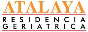 Logotipo para Residencia Geriátrica Atalaya en texto naranja y negro sobre línea roja.