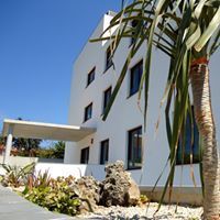 Edificio blanco con ventanas oscuras y palmera, contra un cielo azul.