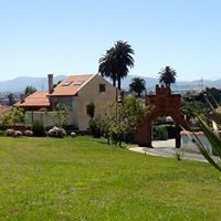 Una casa con techo de tejas rojas, palmeras y una puerta arqueada sobre un césped bajo un cielo despejado.