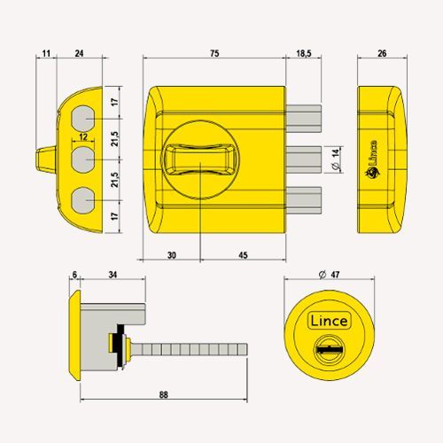 Una cerradura de puerta de acero inoxidable con una llave sobre un fondo blanco.