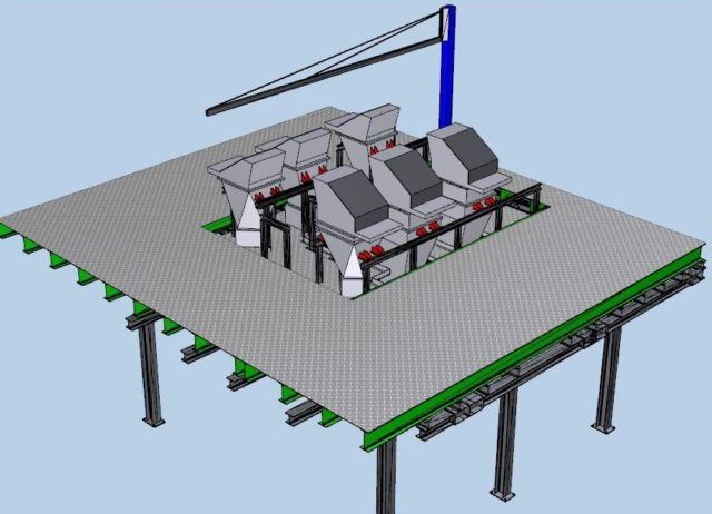 Erhöhte Industrieplattform mit drei Verarbeitungseinheiten und einem Kranarm. Blaue, graue und grüne Komponenten.