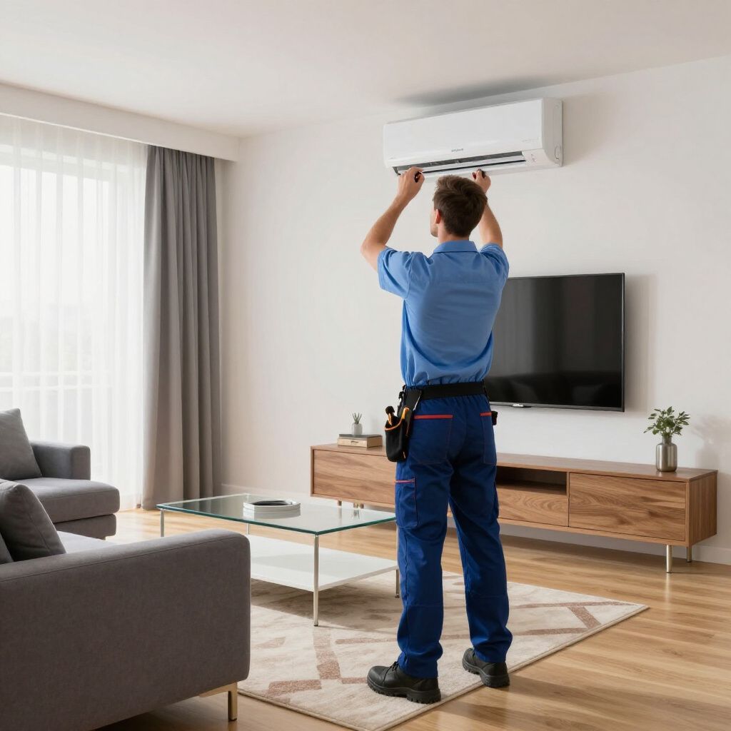 Técnico de HVAC reparando un acondicionador de aire montado en la pared en una sala de estar.