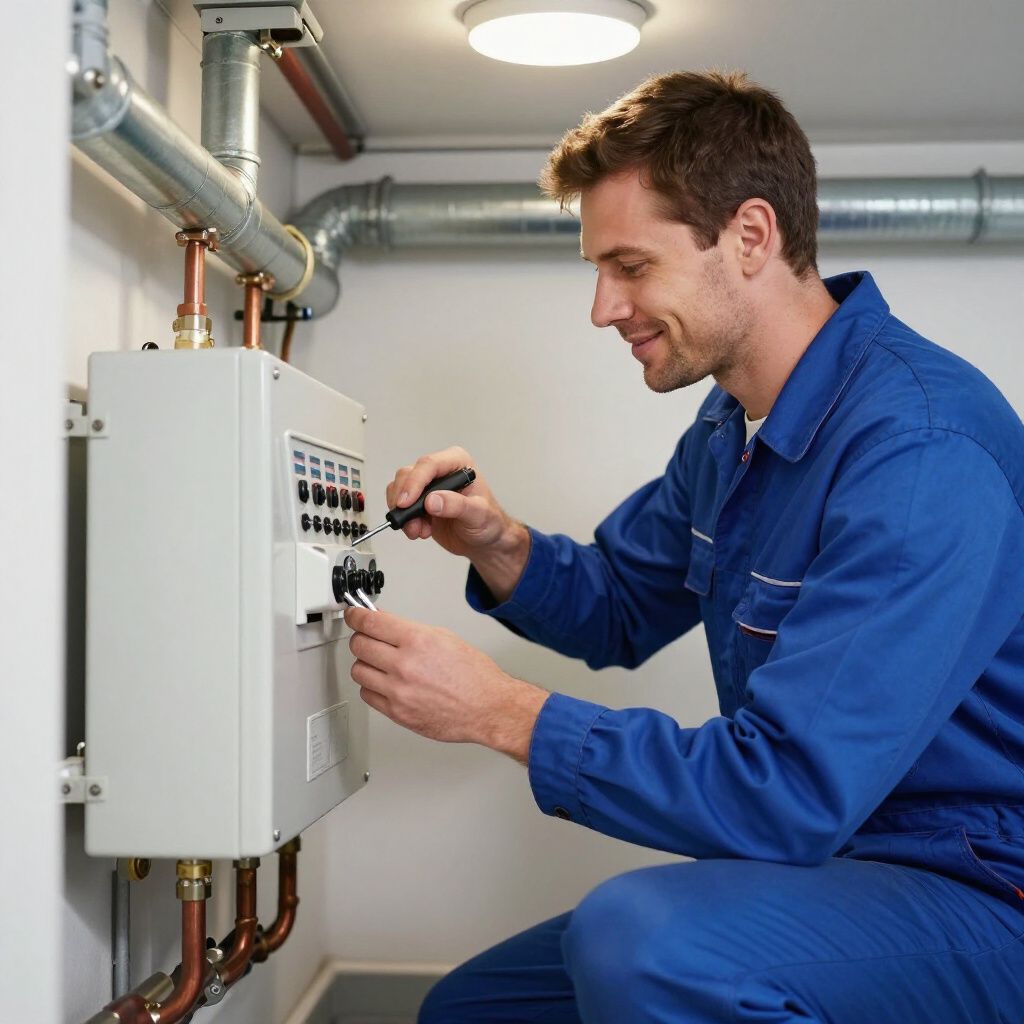 Un electricista con mono azul trabaja en un panel de control, sonriendo en un cuarto de servicio.