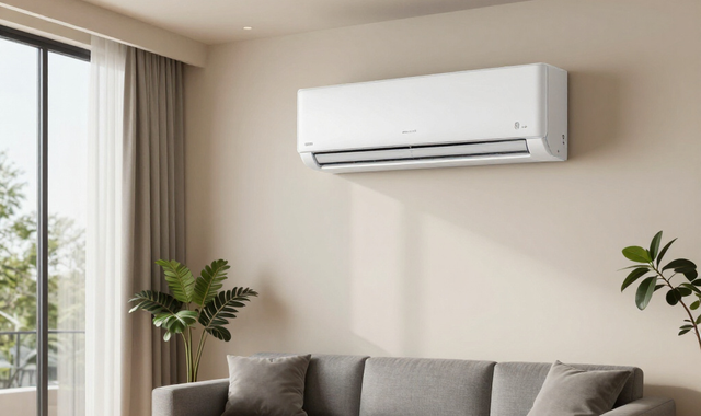Aire acondicionado montado en la pared sobre un sofá gris en una sala de estar con ventana y plantas.