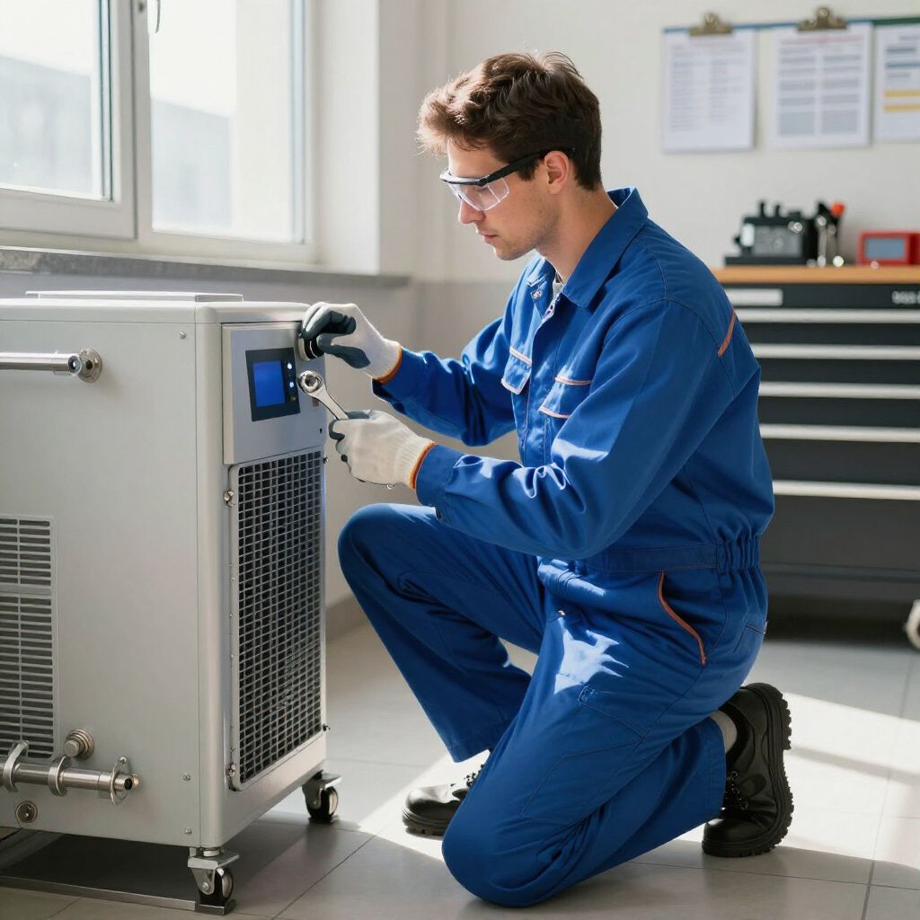 Hombre con mono azul y gafas de seguridad, trabajando en una máquina con una llave inglesa.