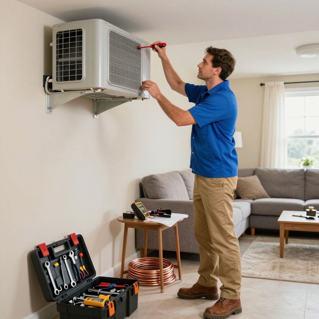 Una persona con una camisa azul repara una unidad de aire acondicionado montada en la pared.