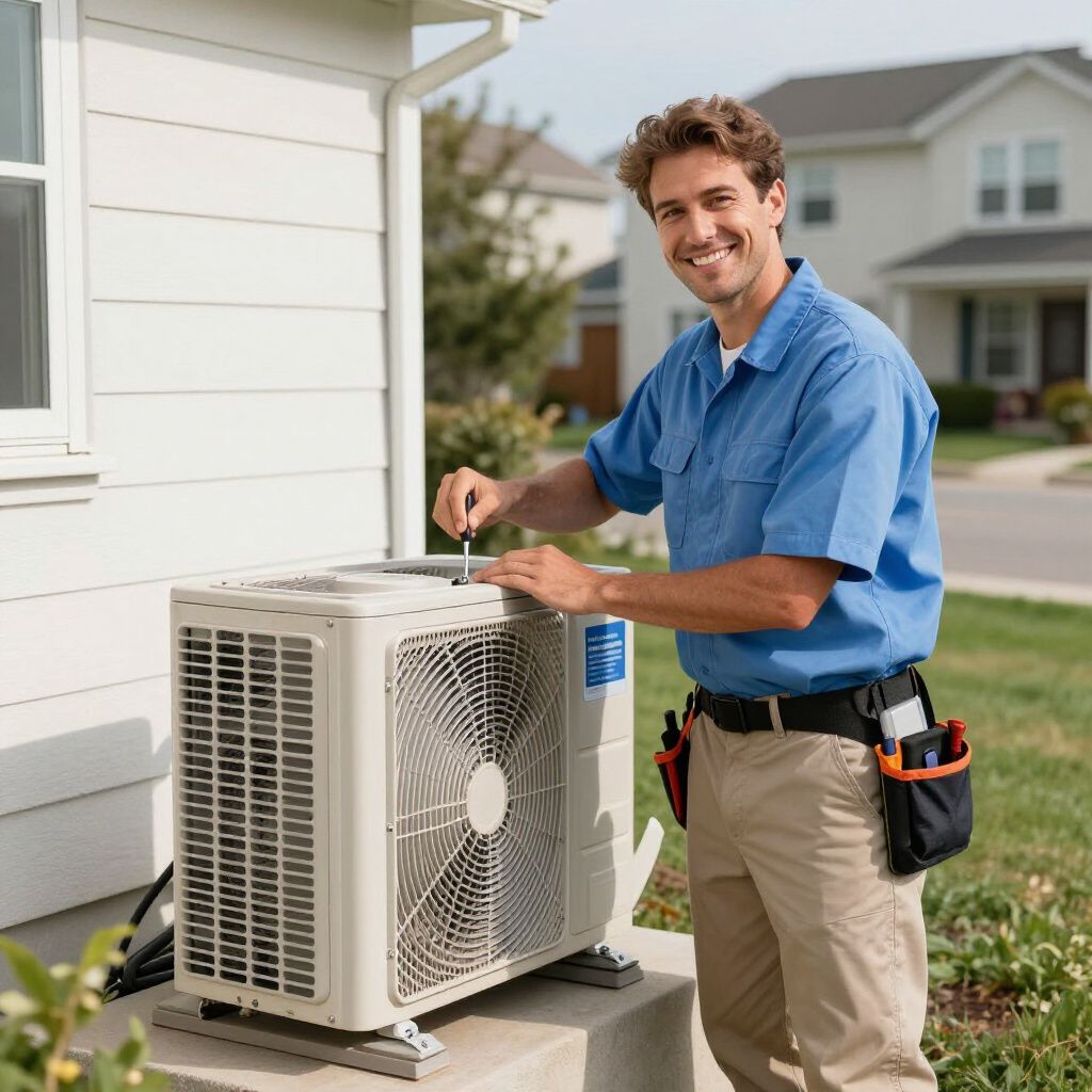 Técnico de HVAC trabajando en una unidad de aire acondicionado afuera de una casa; sonriendo, usando un destornillador.