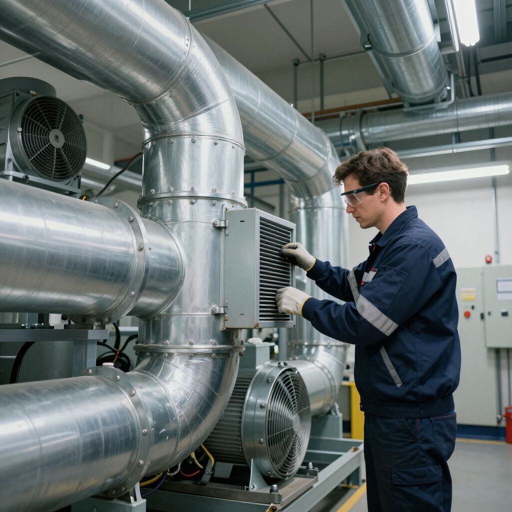 El técnico inspecciona maquinaria industrial con tuberías y ventilación en un entorno de fábrica.