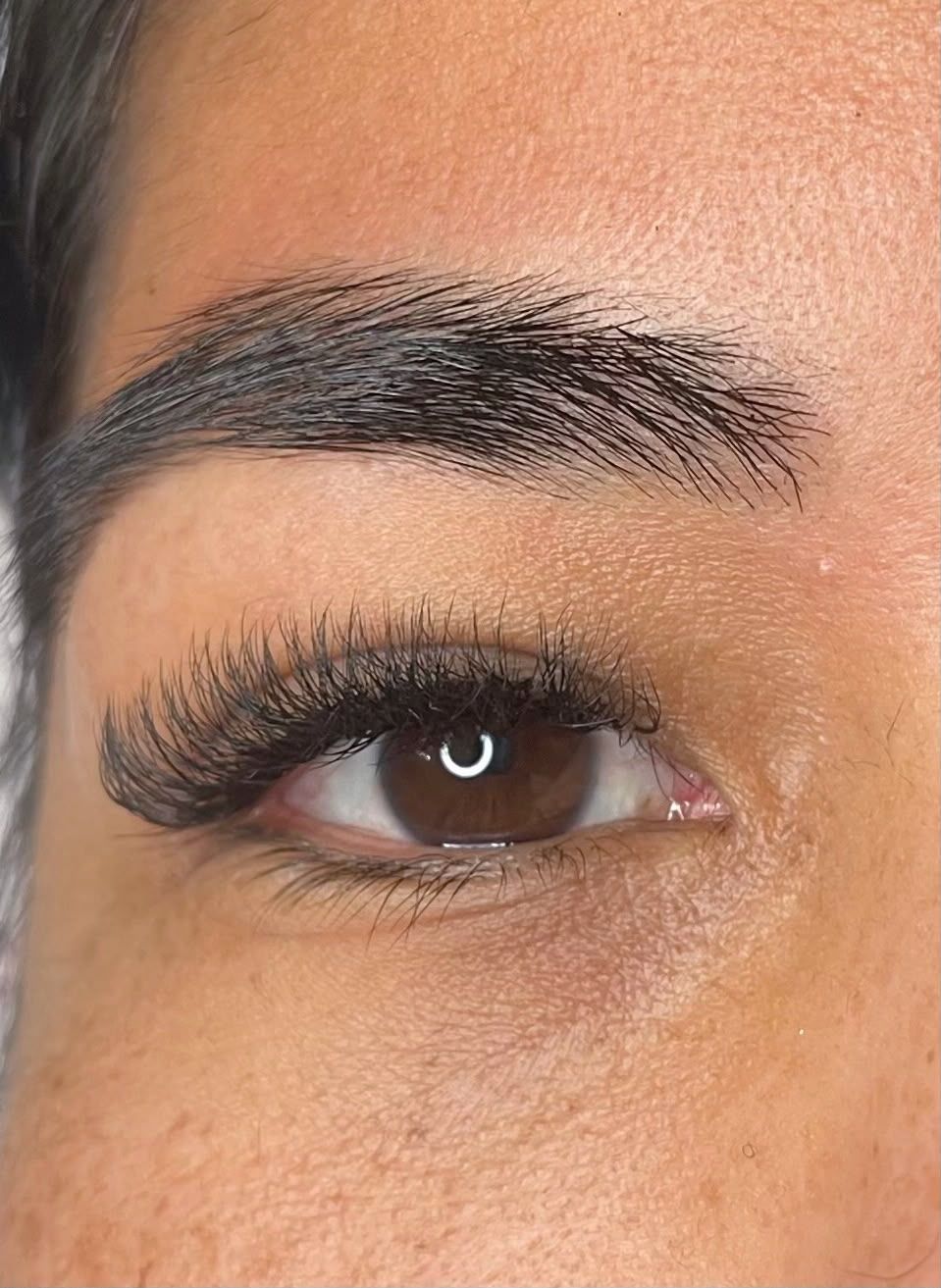Primer plano de un ojo marrón con largas pestañas rizadas y una ceja bien definida.