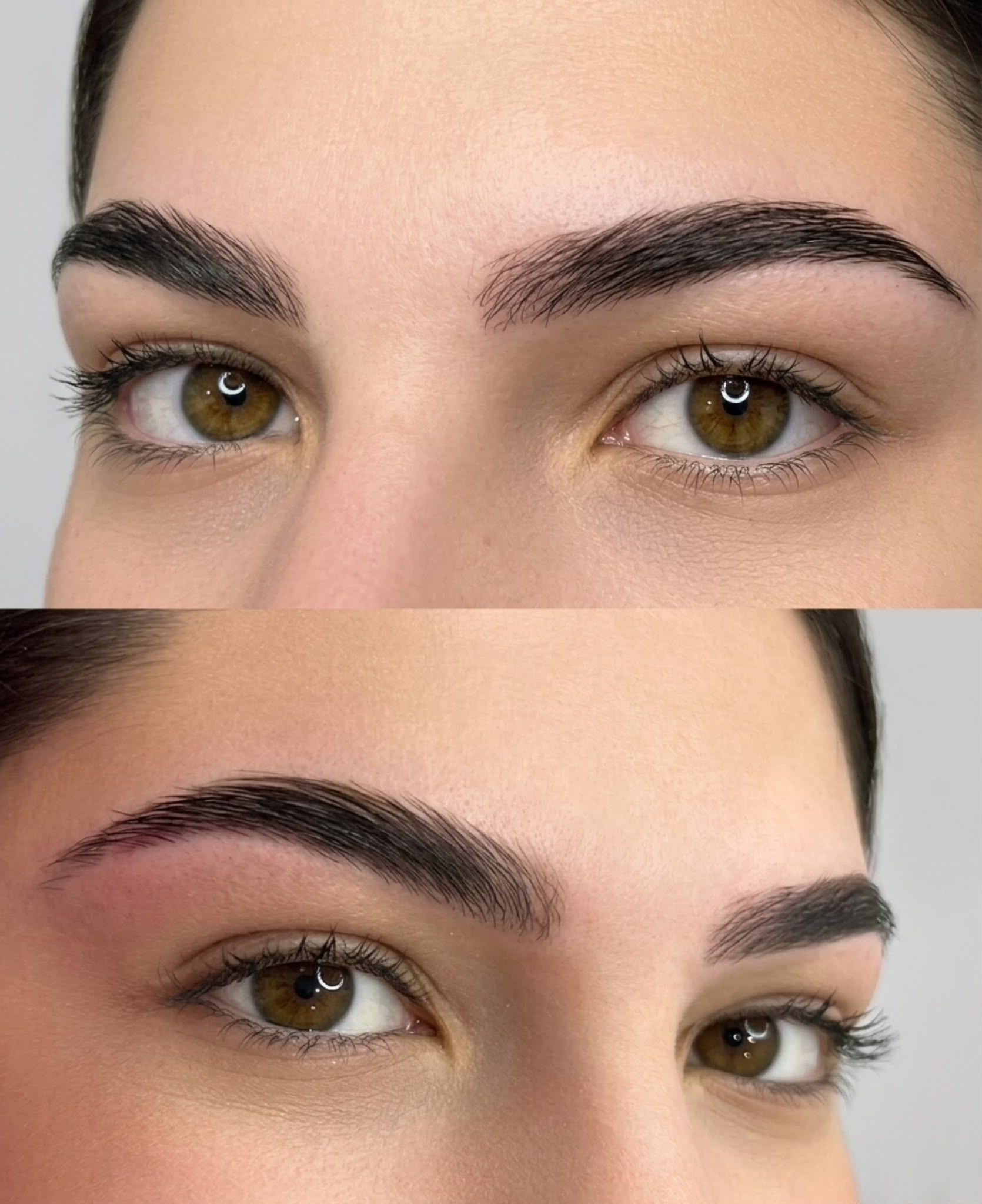 Primer plano de dos estilos de maquillaje de cejas en el mismo rostro, mostrando cejas oscuras y definidas