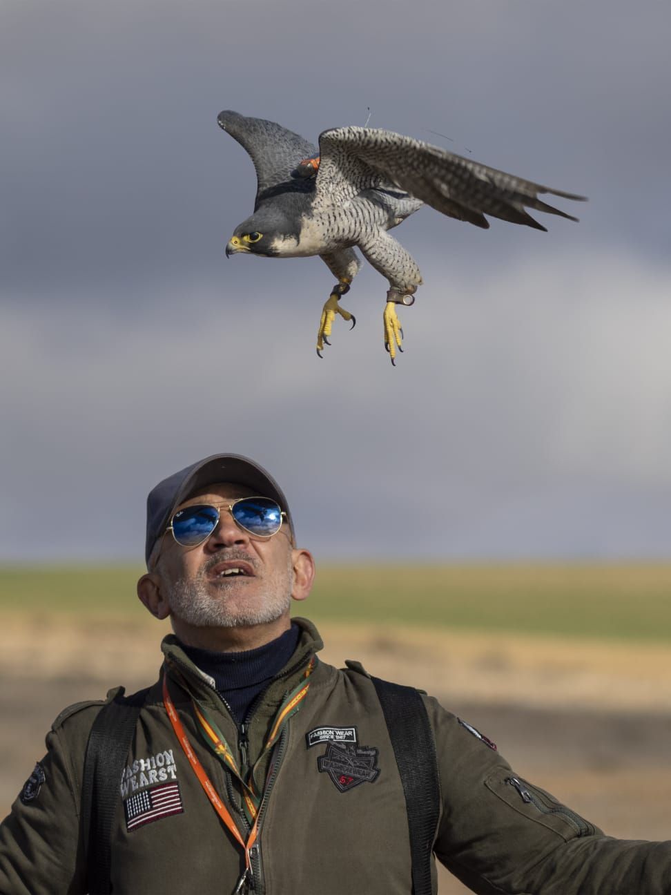 Un hombre observa un halcón volando sobre su cabeza.