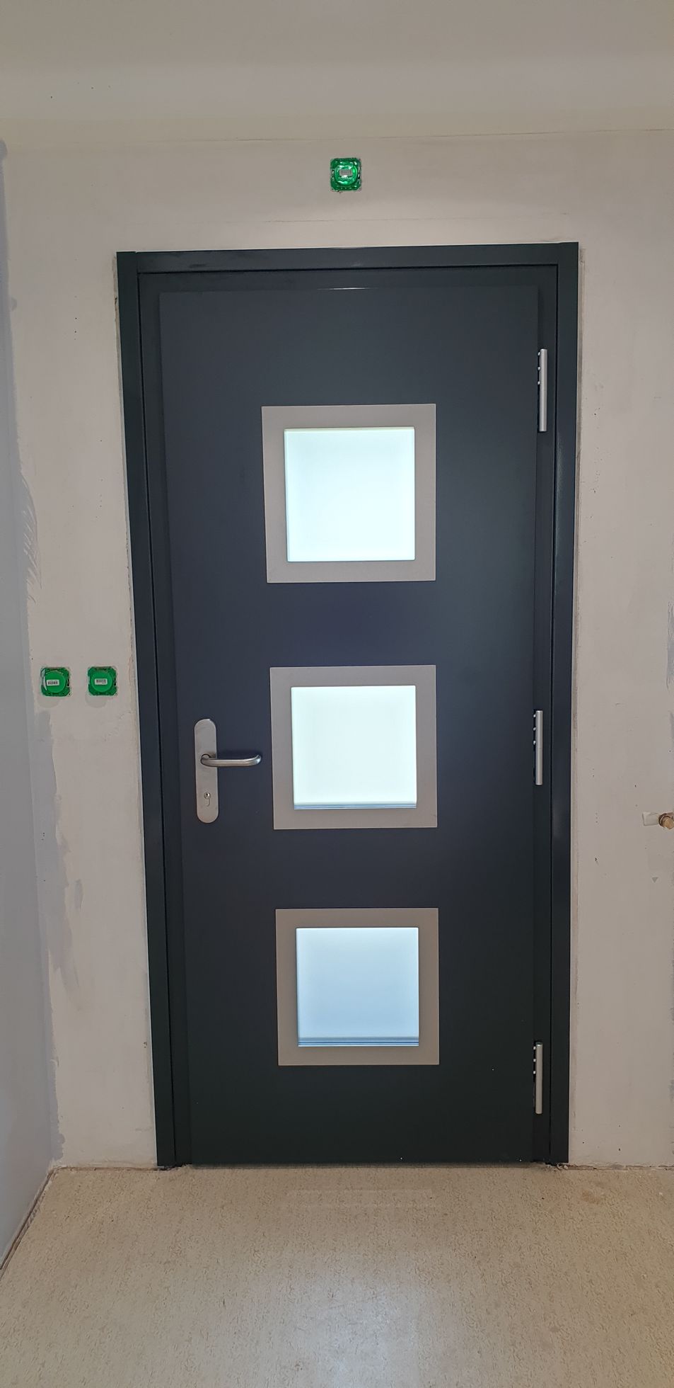 Porte d'entrée grise avec carreaux de verre flous