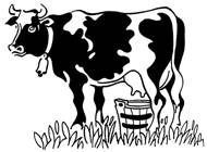 Un dibujo en blanco y negro de una vaca sosteniendo un balde de leche.