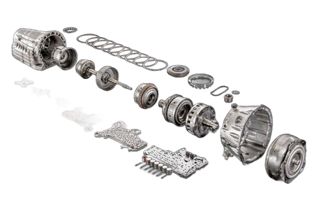 Conjunto de engranajes diferenciales metálicos para automóviles que muestra la corona dentada y los componentes del eje interno del engranaje.