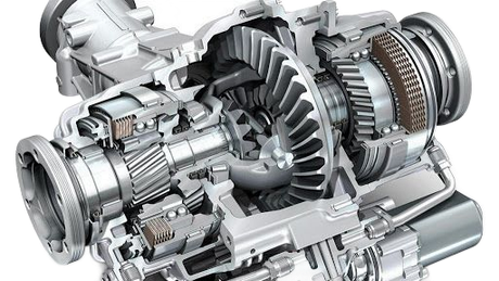 Un conjunto de cuerpo de válvulas de transmisión automotriz de color plateado que incluye cilindros hidráulicos y conectores eléctricos.