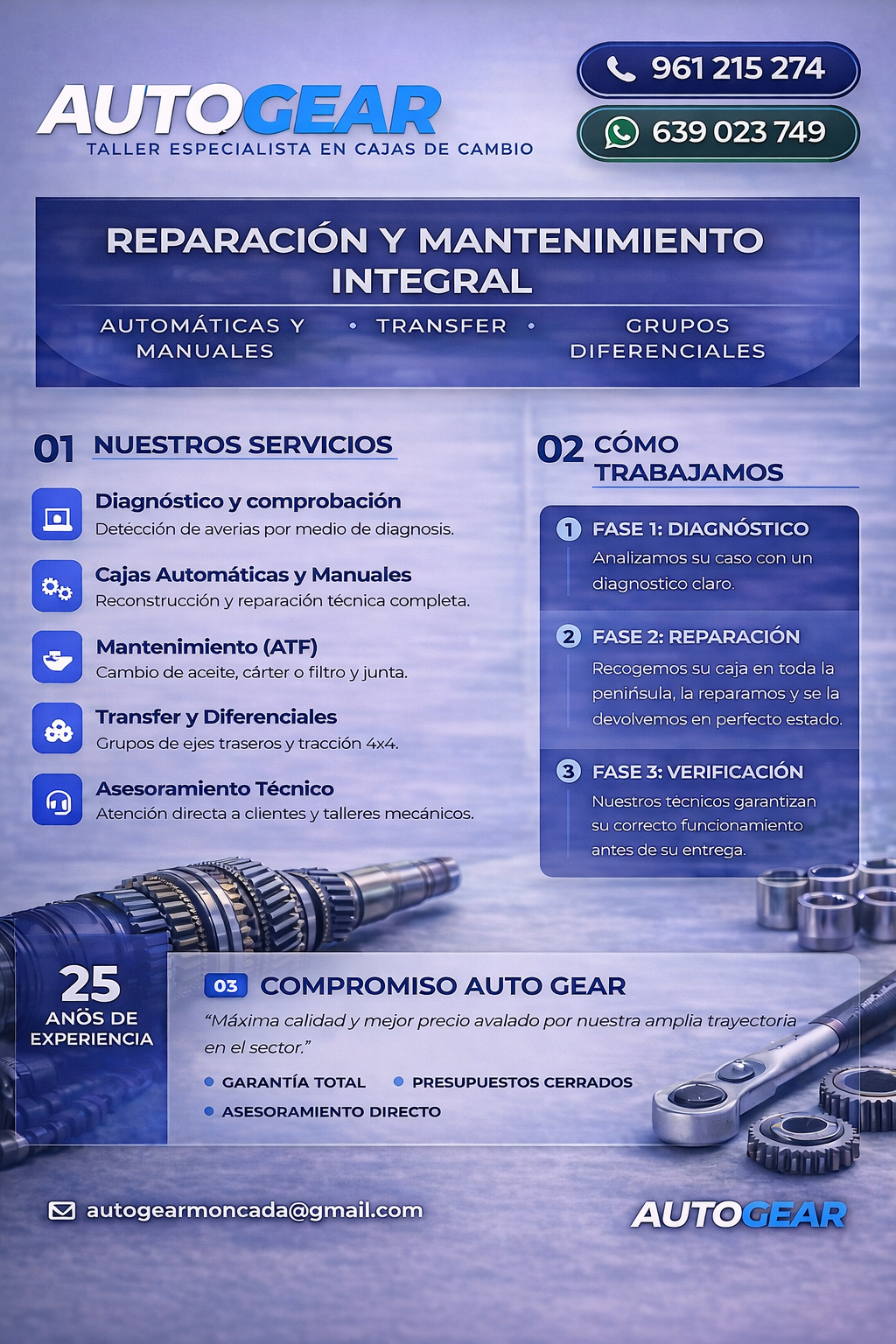 Folleto promocional de AutoGear, que ofrece servicios integrales de reparación, mantenimiento y cajas de cambios de vehículos en tonos azules.