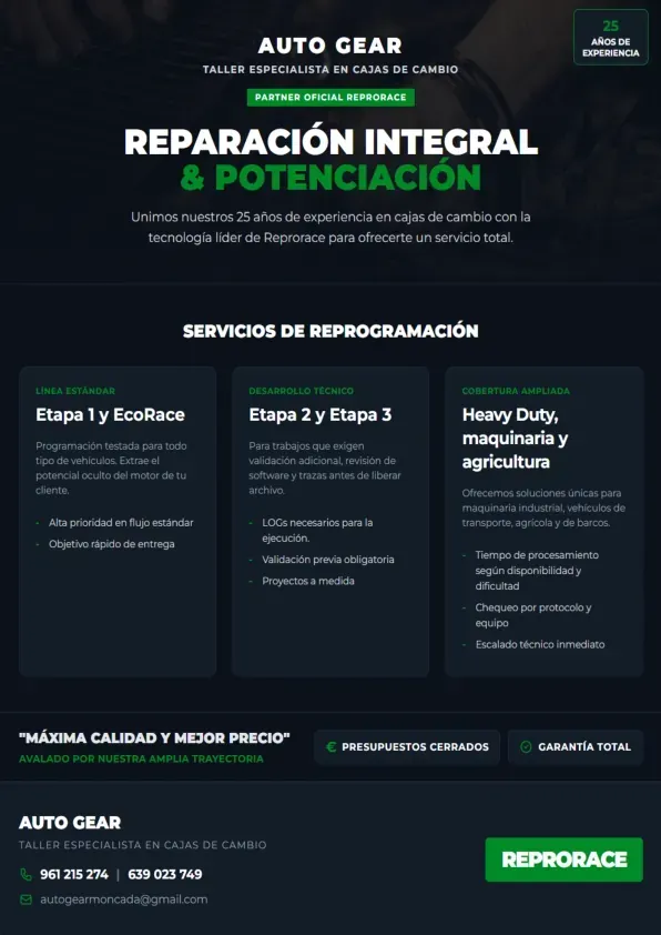 Folleto informativo de Auto Gear, empresa especializada en reparación de transmisiones y servicios de reprogramación de unidades de control electrónico (ECU).