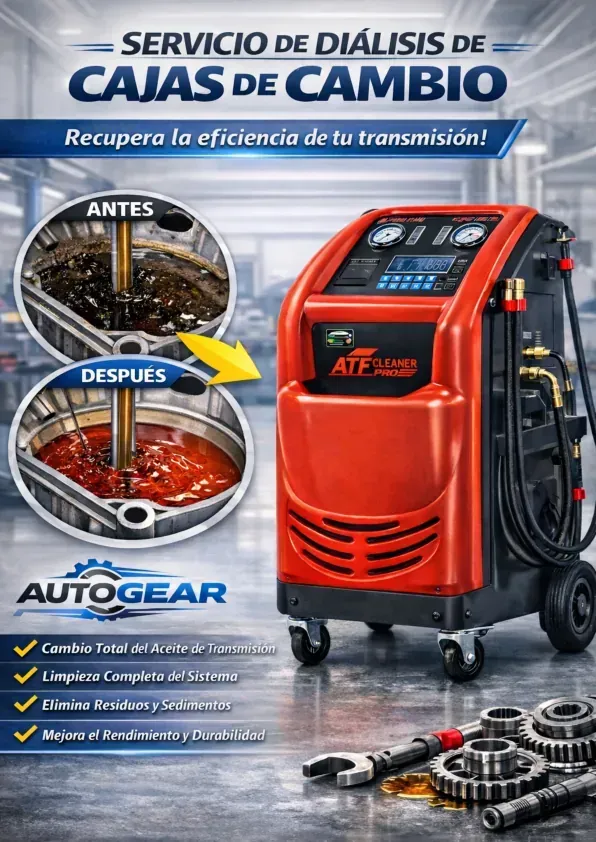 Un anuncio de una máquina para cambiar el líquido de la transmisión automática, que muestra comparaciones del líquido antes y después del cambio.