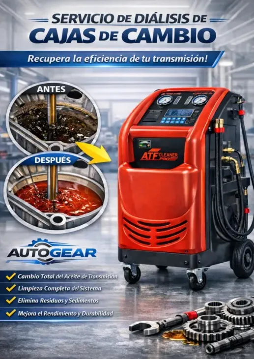 Un anuncio de una máquina para cambiar el líquido de la transmisión automática, que muestra comparaciones del líquido antes y después del cambio.