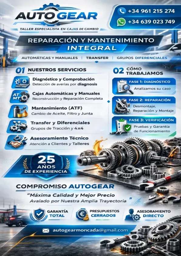 Un anuncio de Auto Gear, un taller de reparación de transmisiones de vehículos, que destaca sus servicios y experiencia.