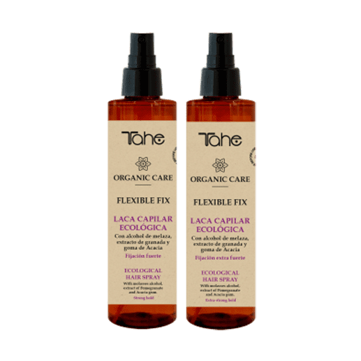 Dos botellas de spray fijador flexible Tohe Organic Care.