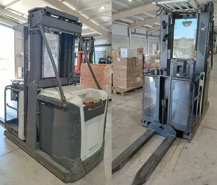 Dos imágenes de una carretilla elevadora en un almacén.