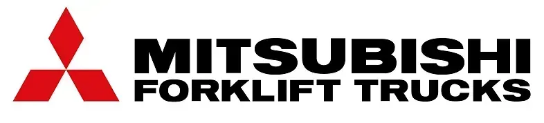 El logotipo de las carretillas elevadoras Mitsubishi está sobre un fondo blanco.
