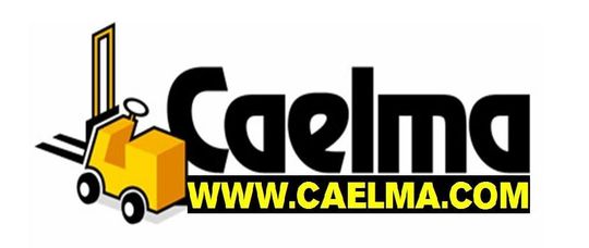 Un logotipo de Caelma muestra una carretilla elevadora que transporta una caja amarilla.
