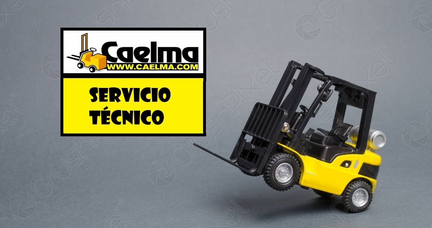 Una carretilla elevadora de juguete con un cartel amarillo que dice servicio técnico.