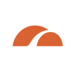 Orange abstract logo with two overlapping semicircles on a white background