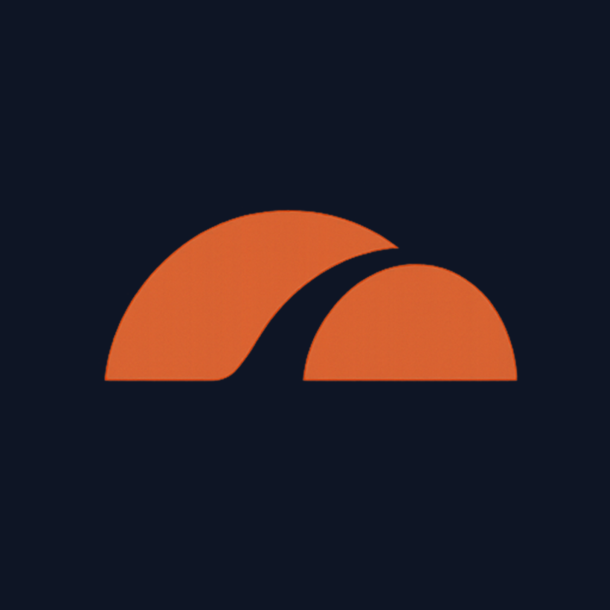 Orange sunrise-like logo on a dark navy background with two curved semicircles