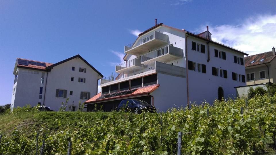 Des bâtiments aux murs blancs et aux balcons se dressent sur un coteau viticole sous un ciel bleu.