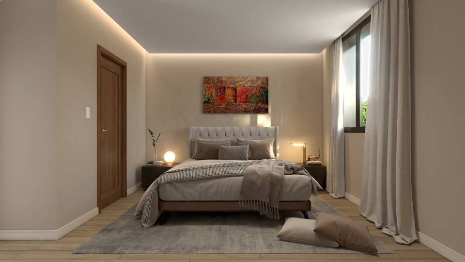 Chambre avec lit, tables de chevet, œuvres d'art et fenêtre avec rideaux. Tons neutres, design moderne.