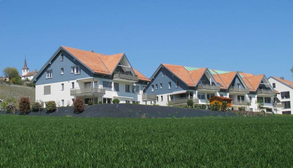 Rangée de maisons modernes bleues et blanches aux toits de tuiles rouges, se dressant dans un champ verdoyant sous un ciel bleu.