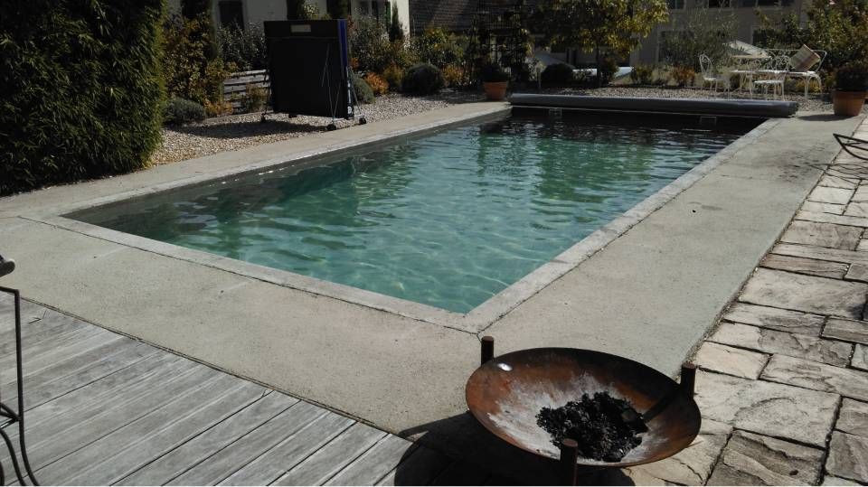 Piscine rectangulaire dans un jardin avec un foyer extérieur, entourée d'une terrasse et de plantes.