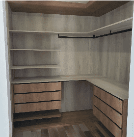 Un vestidor con cajones y estantes de madera.