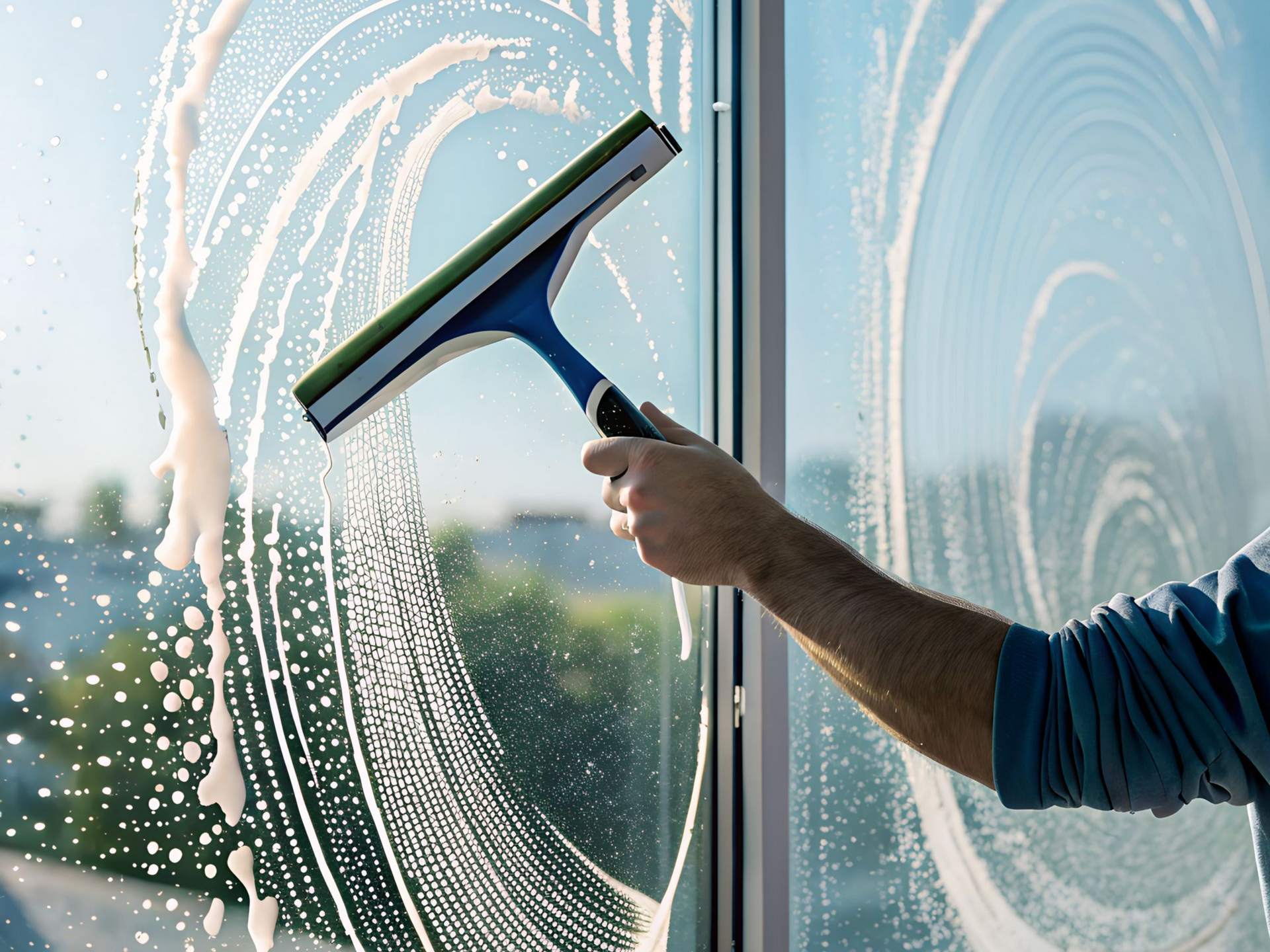 Personne nettoyant une vitre avec une raclette, eau savonneuse visible, à l'extérieur.