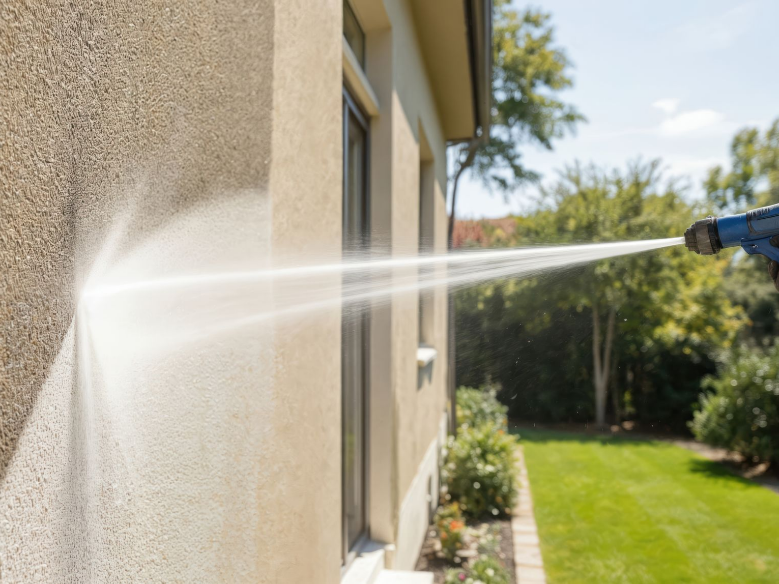 Une personne nettoie à haute pression le côté d'une maison beige avec un jet d'eau, à l'extérieur.