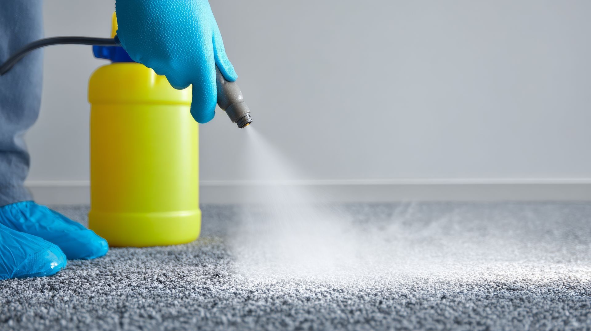 Une personne portant des gants bleus vaporise un produit sur la moquette à l'aide d'un récipient jaune.