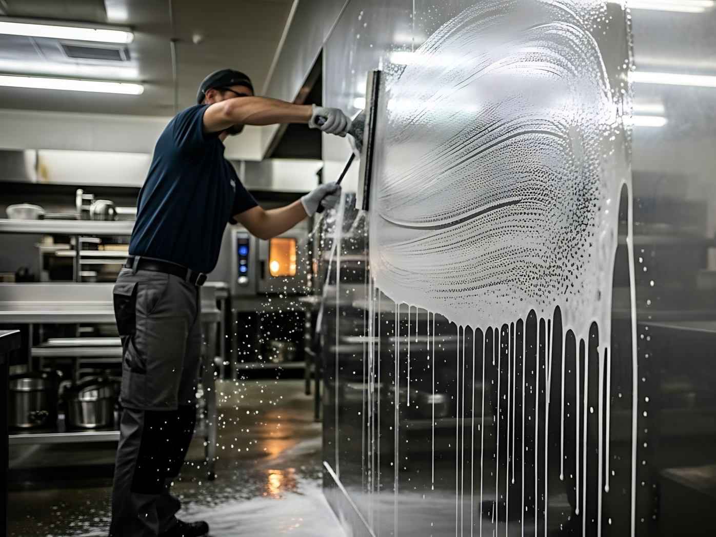 Une personne nettoie un mur de cuisine en acier inoxydable avec une raclette et de l'eau savonneuse.