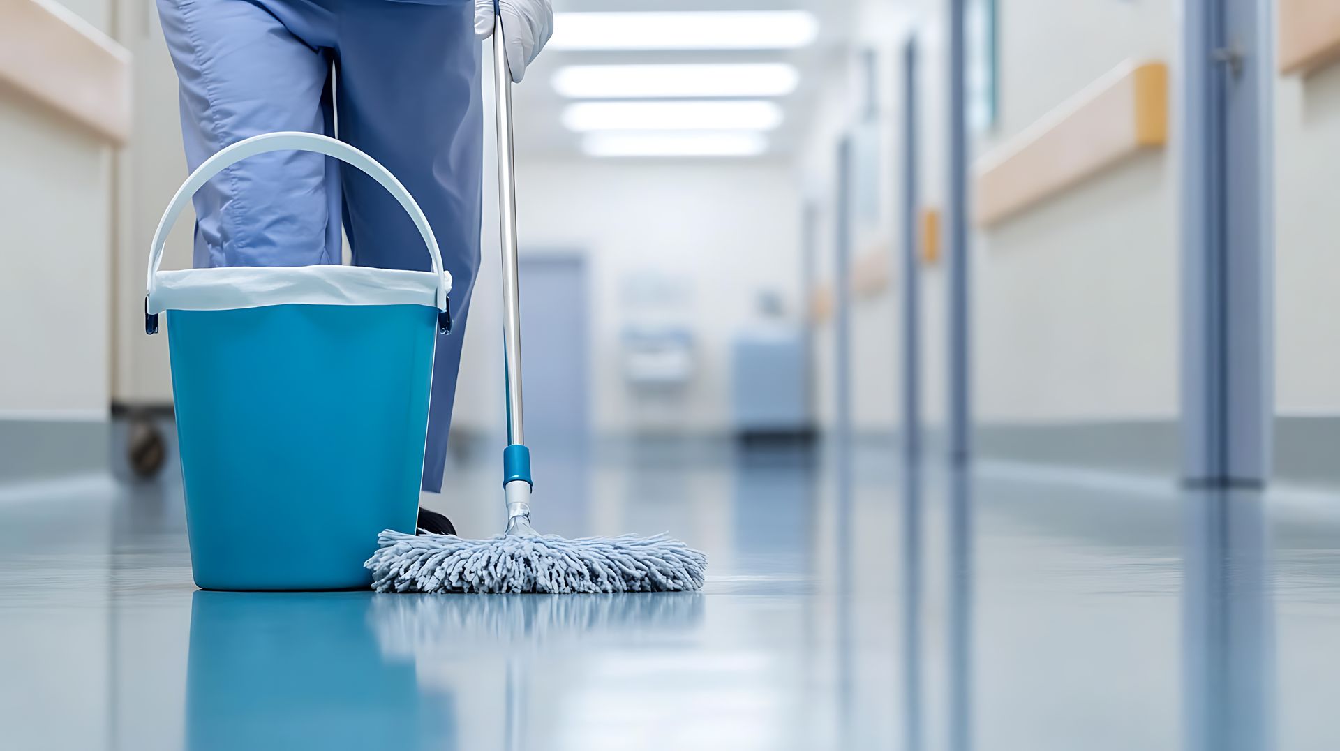Une personne lave le sol d'un couloir avec un seau et une serpillière bleue dans un hôpital.
