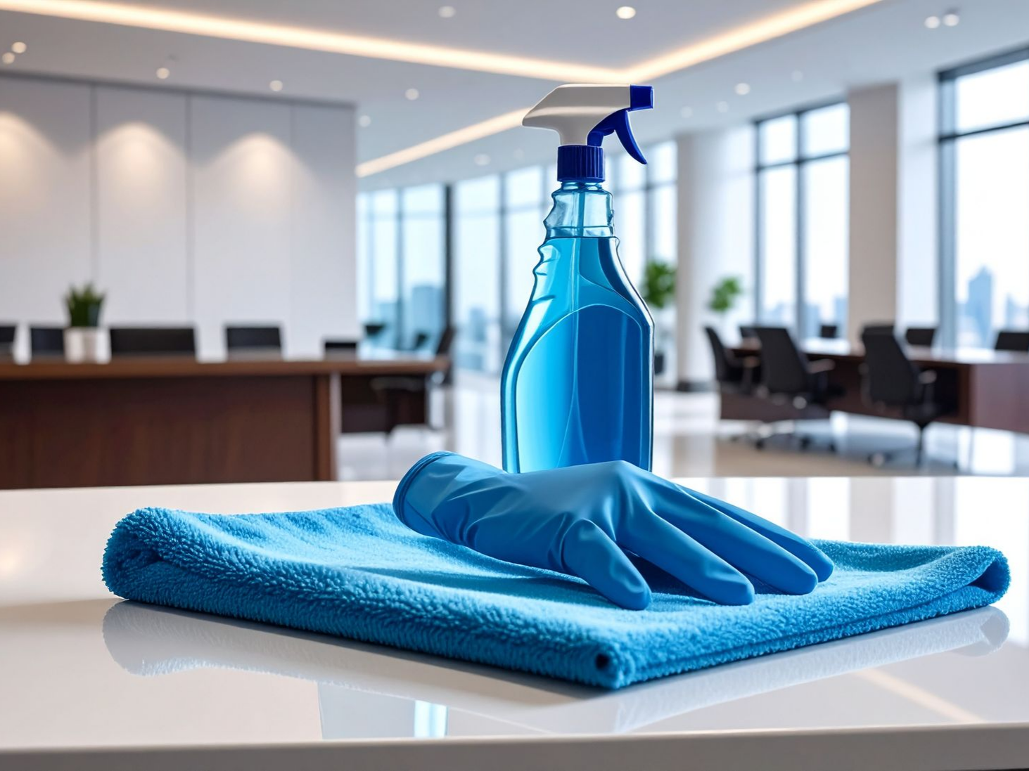 Des produits de nettoyage bleus sont posés sur un bureau blanc dans un bureau