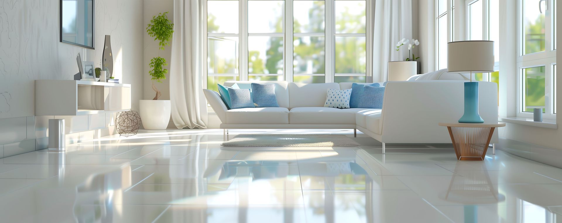 Un salon avec des meubles blancs très propres, de grandes fenêtres et la lumière du soleil se reflétant sur le sol brillant.