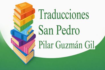 A stack of colorful books next to the text "Traducciones San Pedro, Pilar Guzm&aacute;n Gil" on a white and green background.