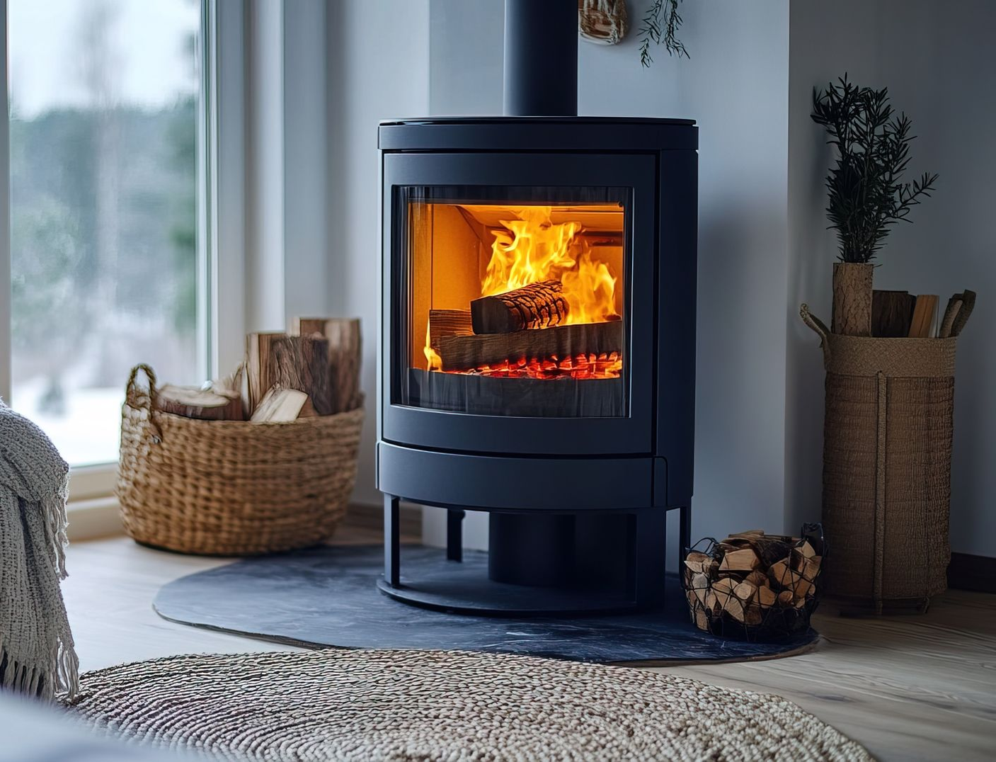 Cheminée noire avec des bûches qui brûlent, près d'une fenêtre donnant sur un extérieur enneigé. Bois de chauffage dans des paniers.