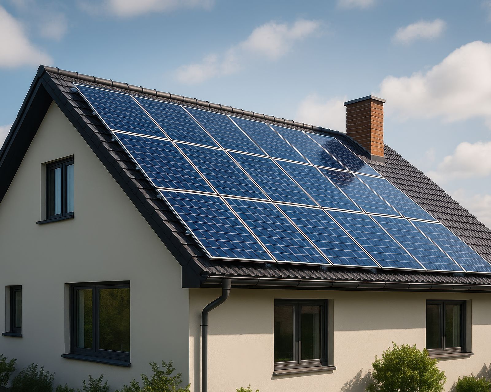 Maison avec panneaux solaires sur le toit.