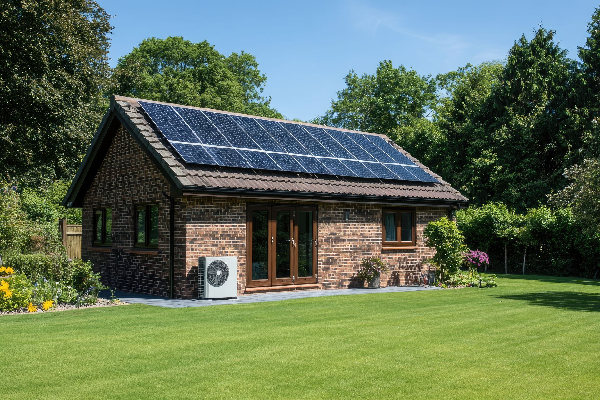 Panneaux solaires sur le toit d'un petit bâtiment en pierre.