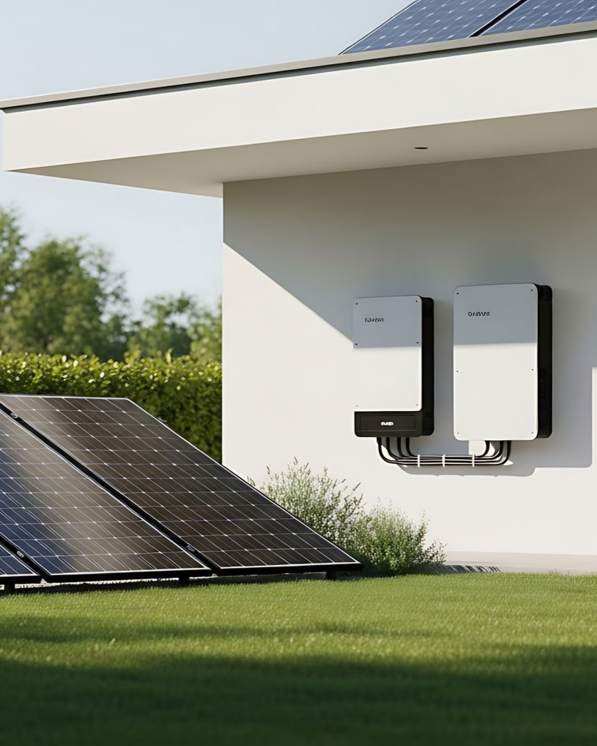 Panneaux solaires au sol et sur le toit près d'un bâtiment blanc avec deux batteries solaires.