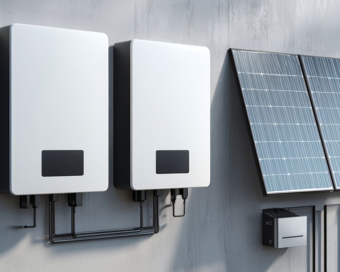 Un panneau solaire et deux onduleurs blancs sont fixés au mur. Un boîtier noir est fixé sous le panneau solaire.